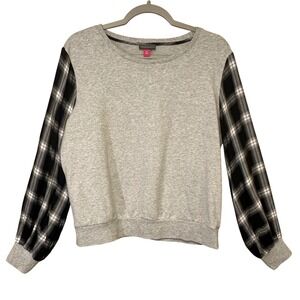 Vince Camuto Women's Petite Medium PM Gray‎ Plaid Sleeve Sweatshirt Top